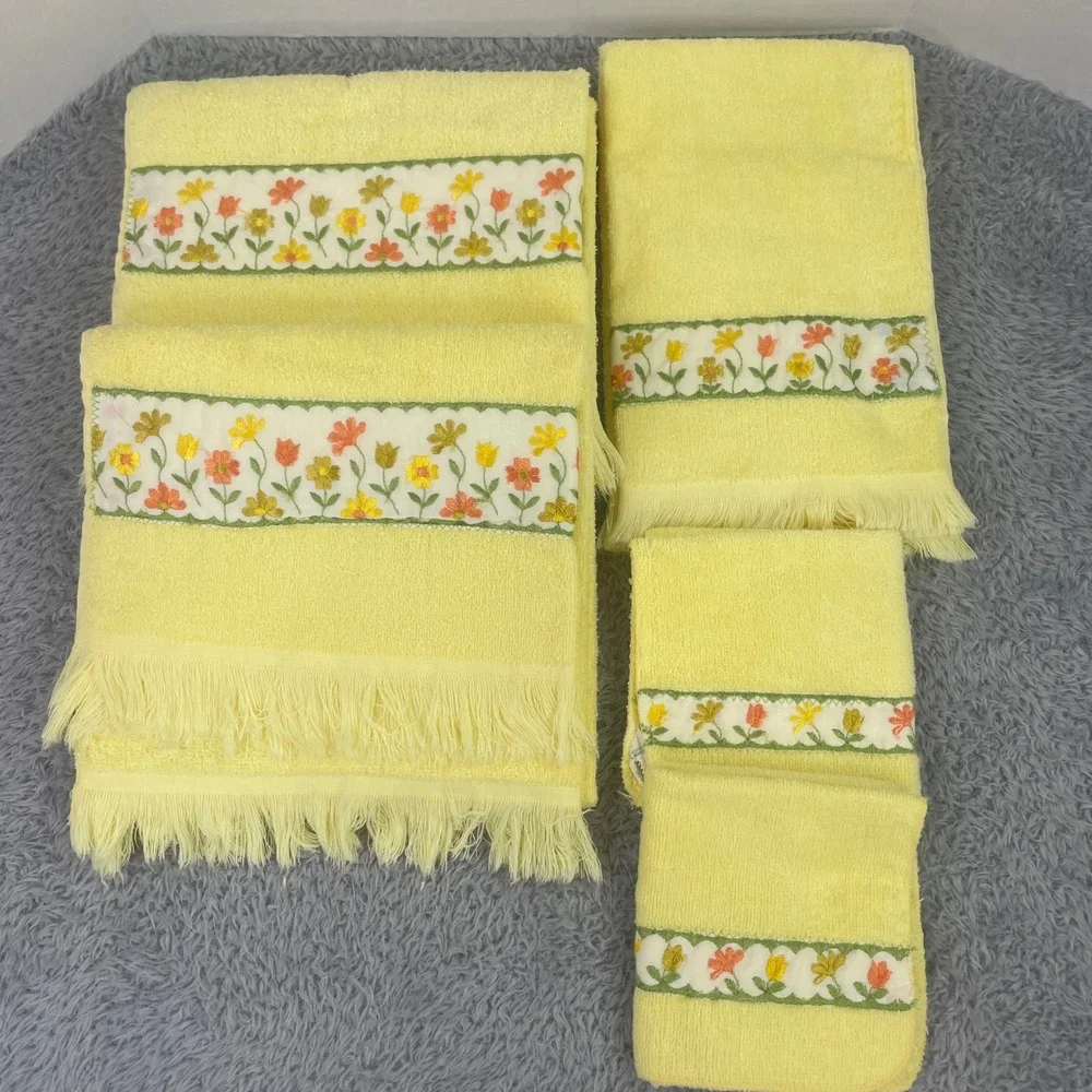 Vintage Cannon Monticello Towel Set Sunshine Yellow Floral Embroidery Fringe 5pc